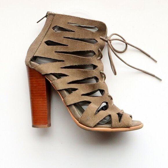 MIA Military Green Suede Leather Peep Toe Cutout Lace-up Heels Bootie Shoes 6 - Picture 9 of 16